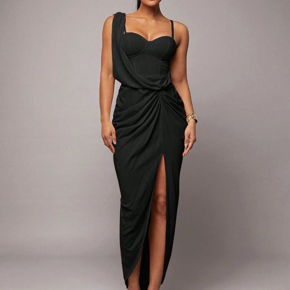 Black Romantic Women's Asymmetric Bustier Dress with High Slit